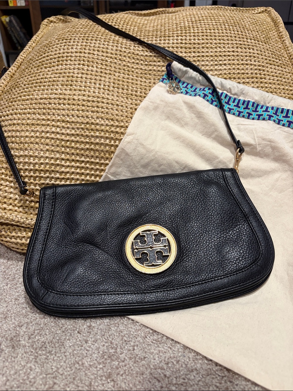Tory Burch Black Pebbled Leather Shoulder Bag with Gold Logo